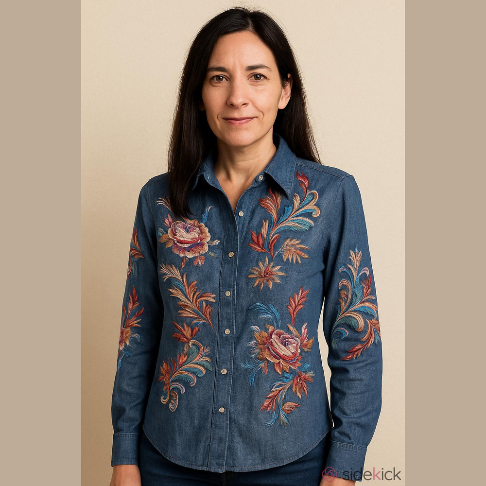 Johnny Was Alexa Zipper Back Shirt Denim Long Sleeve Embroidered Top NWT M